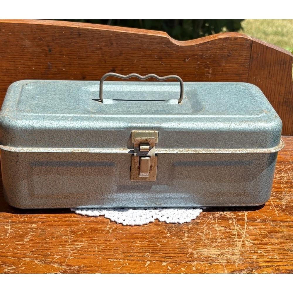 Vintage Rustic Blue Metal Tackle Box Chest Toolbox Excellent Industrial Decor